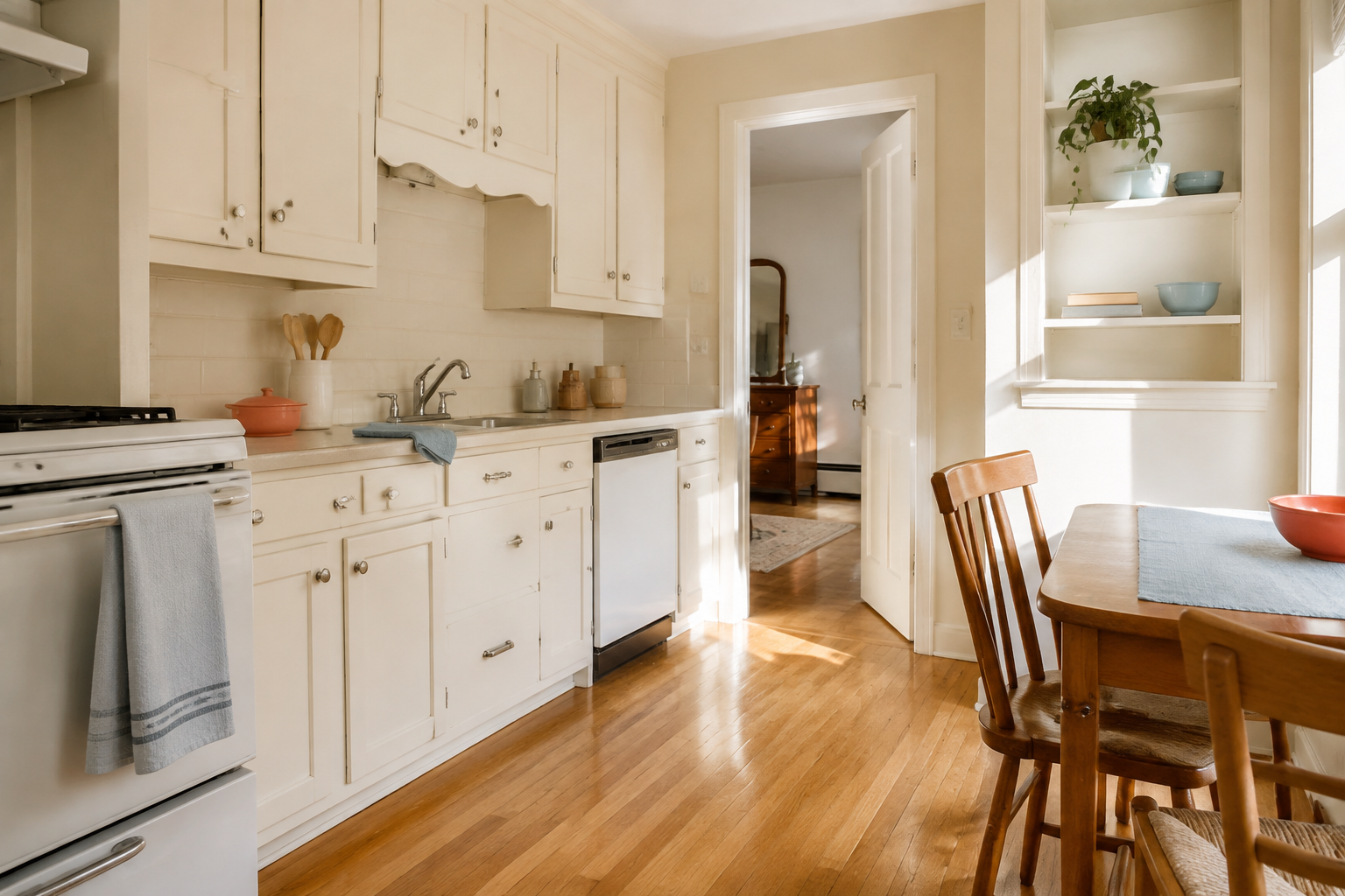Bright, freshly cleaned apartment kitchen and dining nook