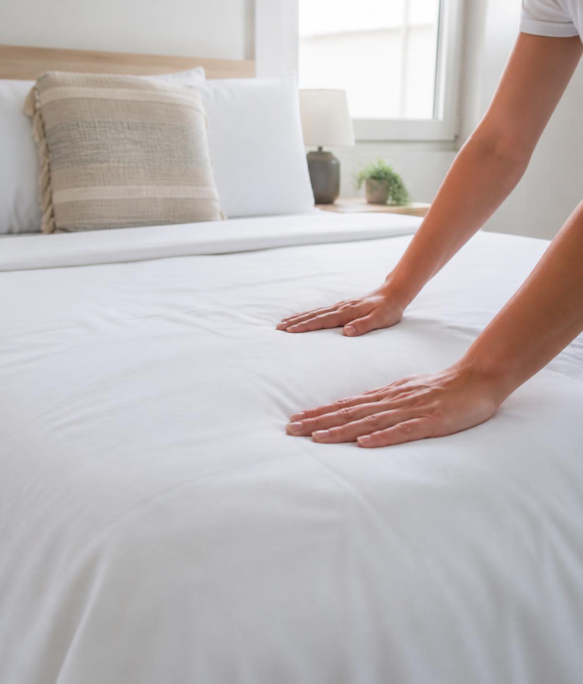 A bed being made hotel-style during a short-term rental turnover