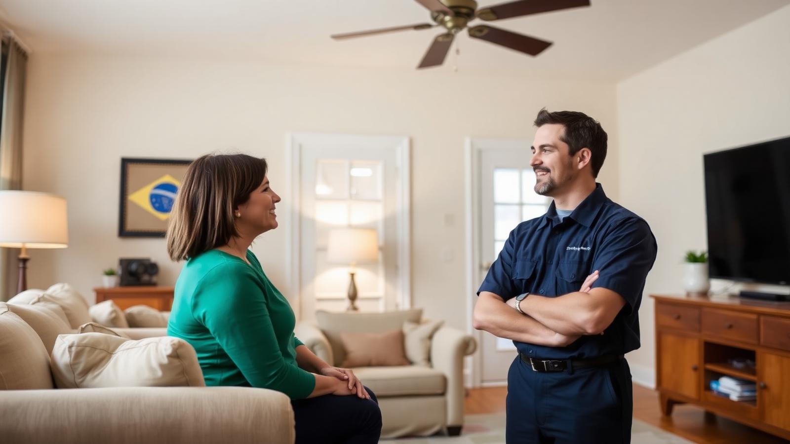 A friendly cleaning professional talking with a homeowner in a welcoming Everett living room