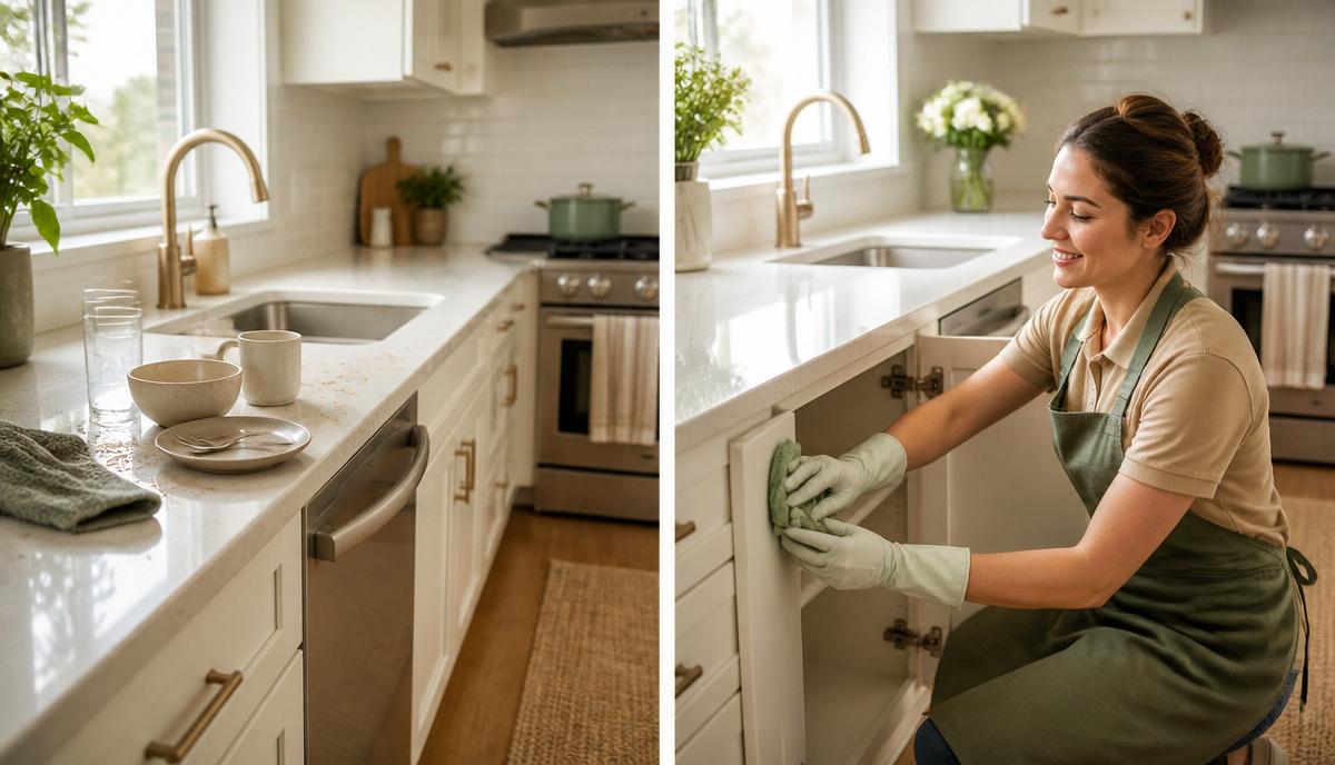 Split view comparing regular kitchen surface cleaning with detailed deep cleaning of cabinet interiors