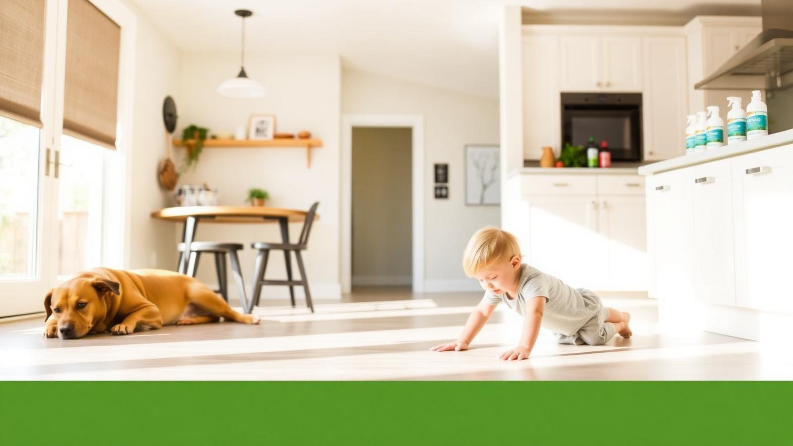 A bright modern Everett kitchen with a toddler crawling on a clean floor and a calm dog resting nearby