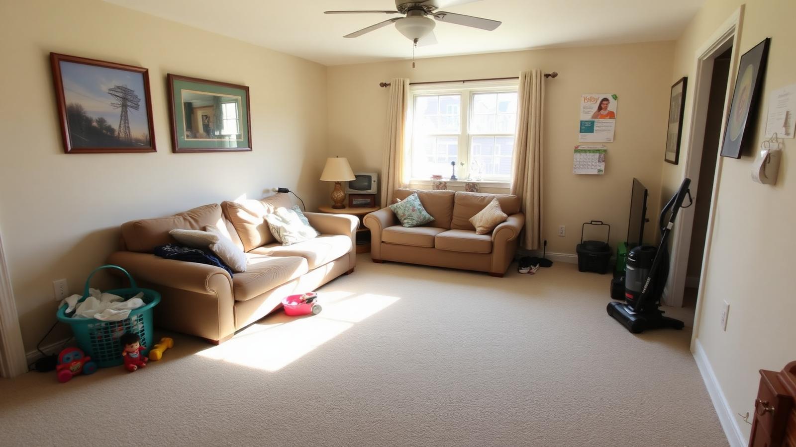 A lived-in Greater Boston living room with toys, a laundry basket, and a vacuum, showing a home ready for professional cleaning help