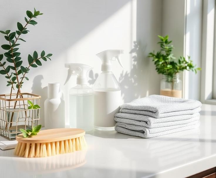 Organized cleaning supplies on a bright kitchen counter