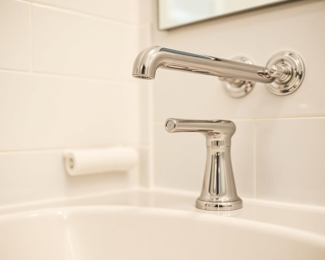 Spotless bathroom tile and chrome faucet after deep cleaning