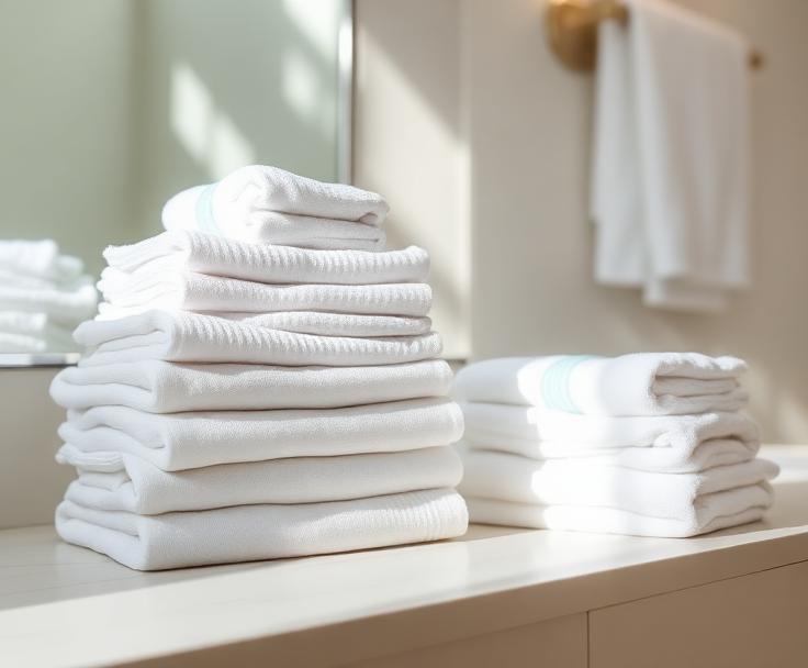 Neatly folded white linens in a bright bathroom