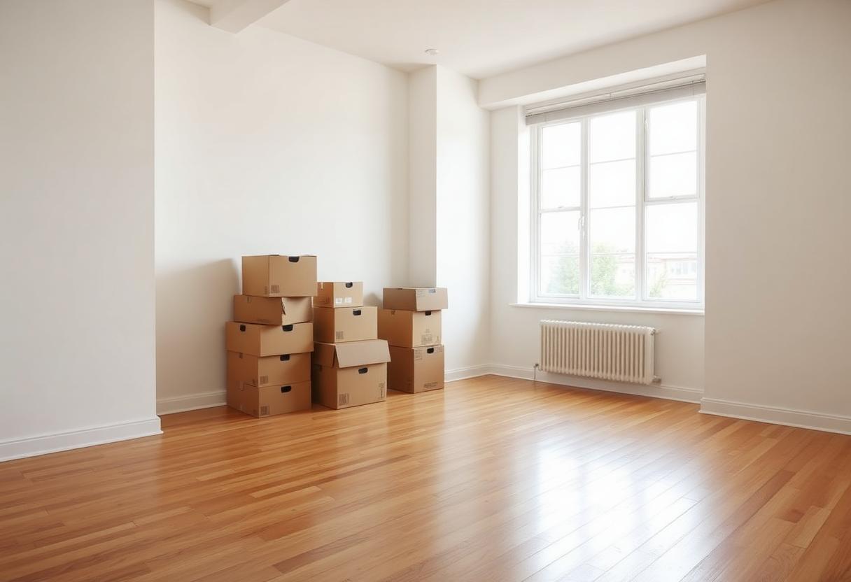 Empty clean apartment with moving boxes, ready for new tenant in Everett MA